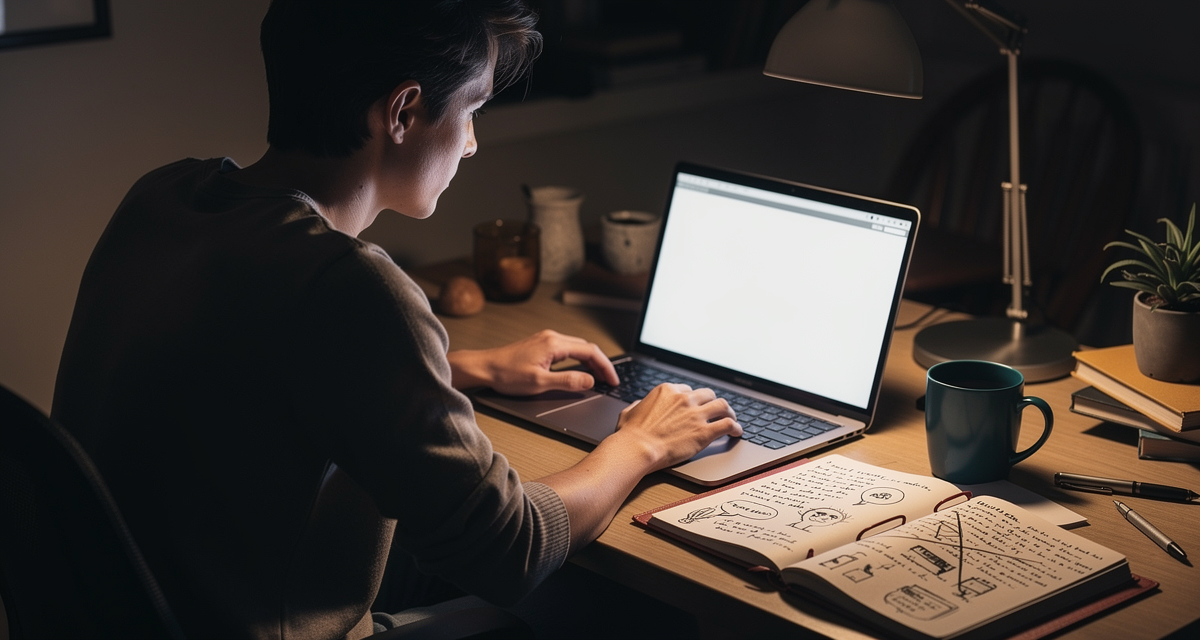 Person at a desk at night staring at a blank laptop document, notebook of story ideas open beside them