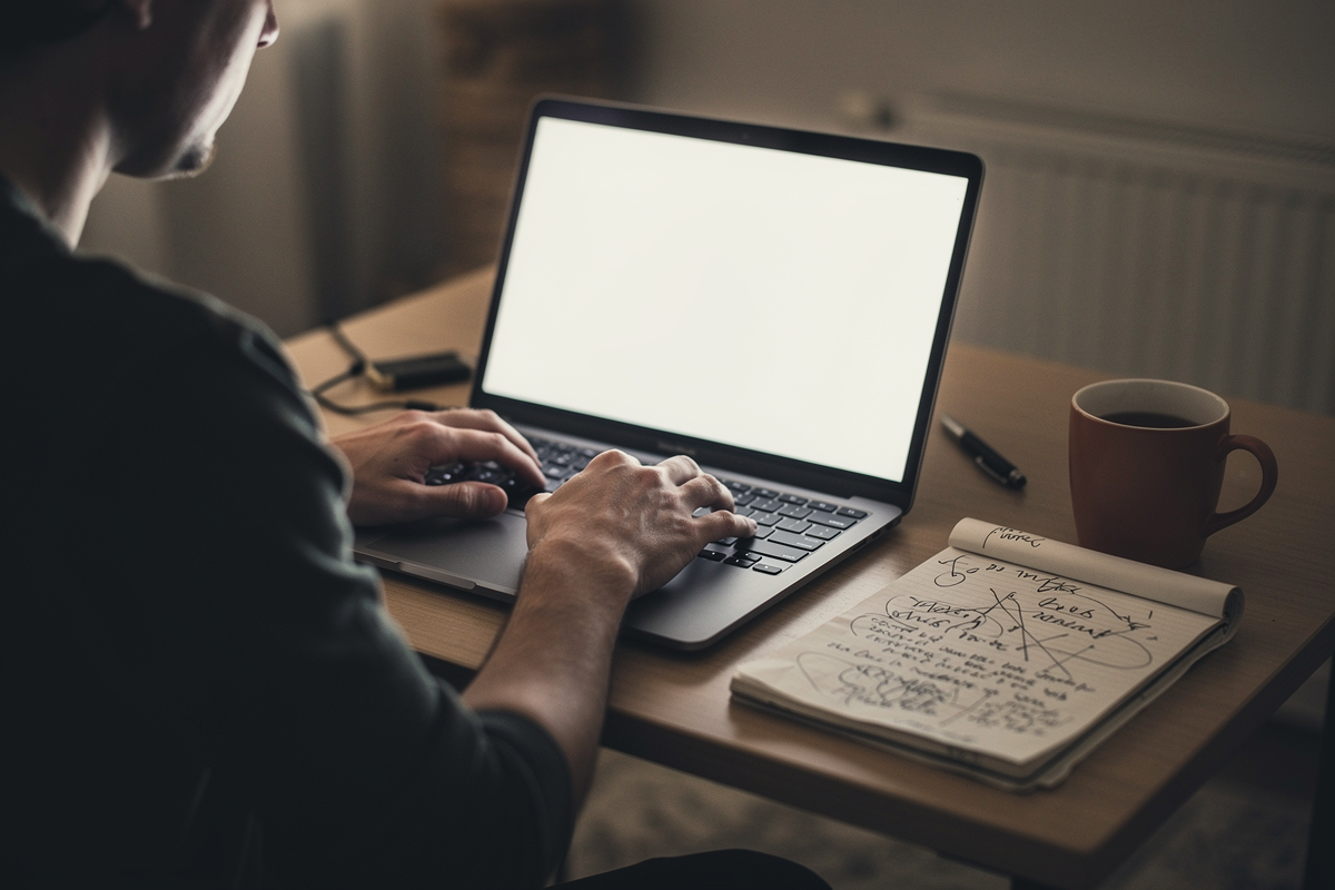 Writer typing a rough brain dump of story ideas into a blank document