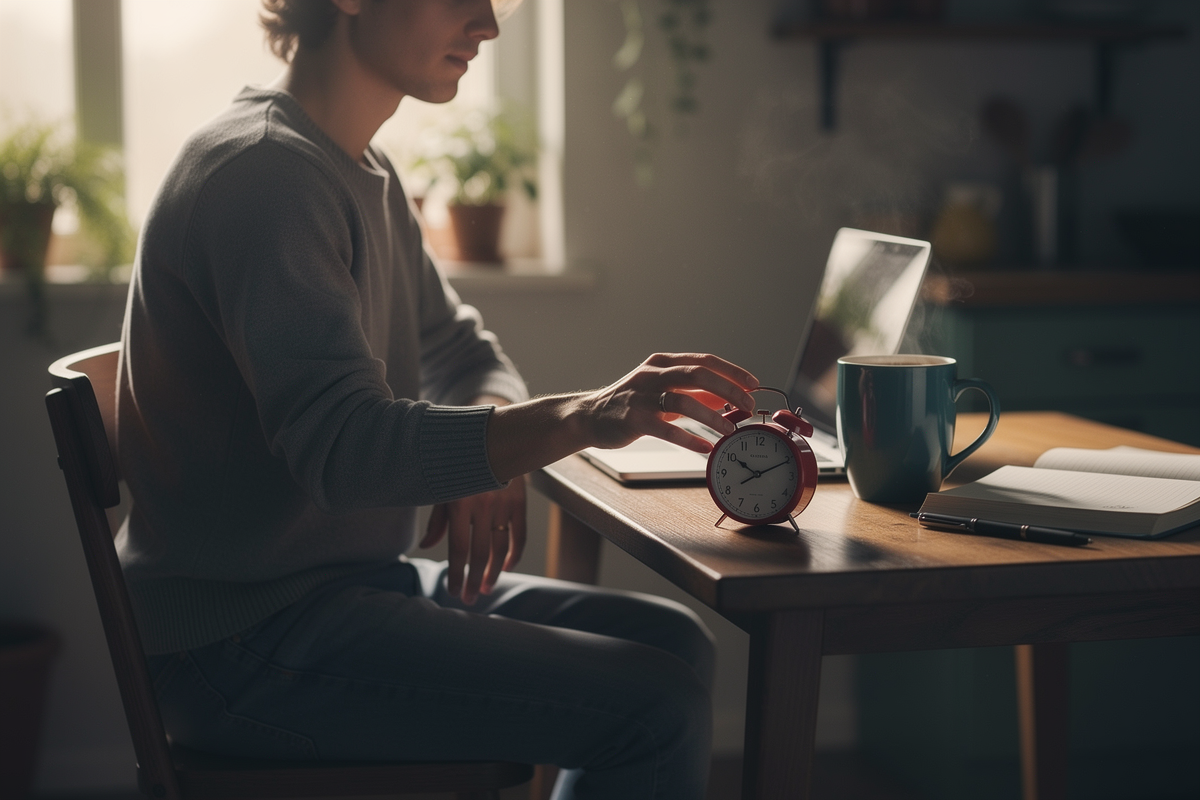 Author setting a timer for a short morning writing sprint before drafting