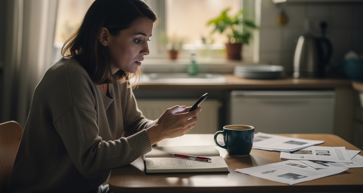 A woman at a kitchen table stares at her phone in shock, kids nearby, morning light through the window behind her