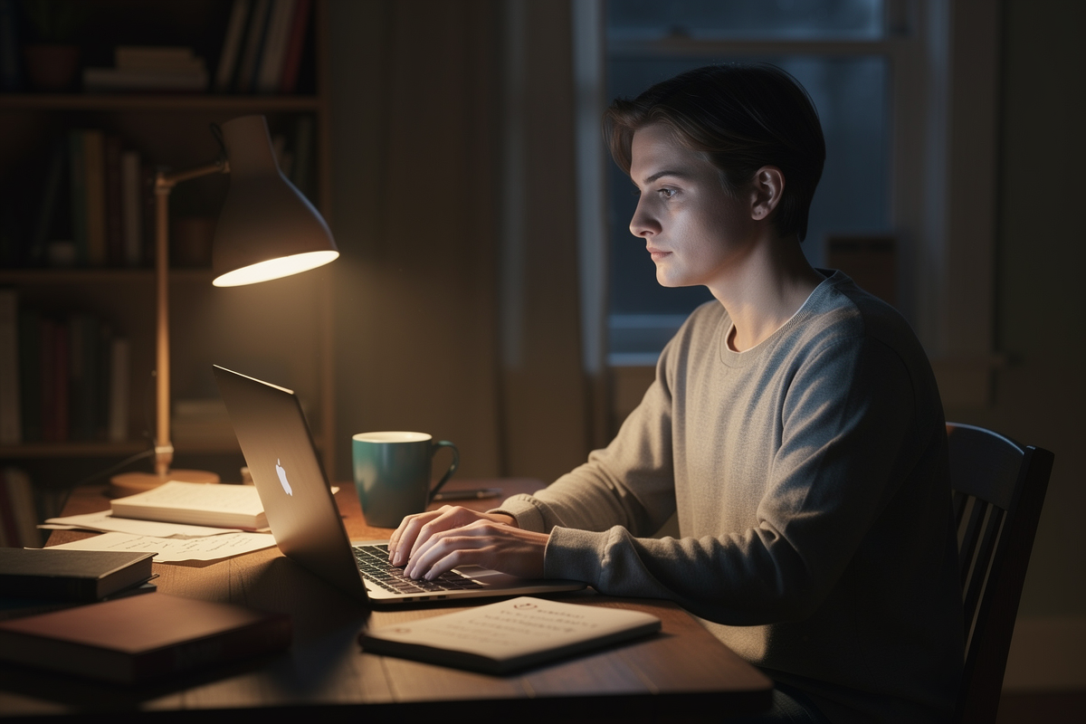 Author calmly drafting a polite, persistent appeal email late at night during a KDP account termination