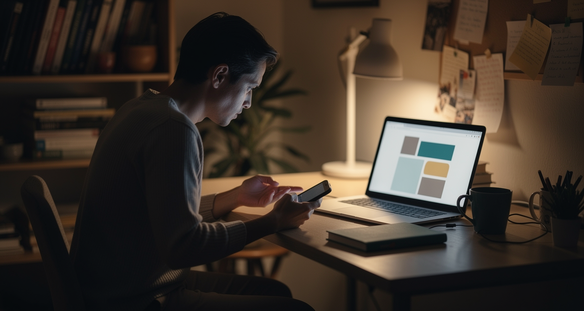 An author at a laptop late at night, pausing mid-scroll on a phone showing one-star reviews, newsletter draft open behind it